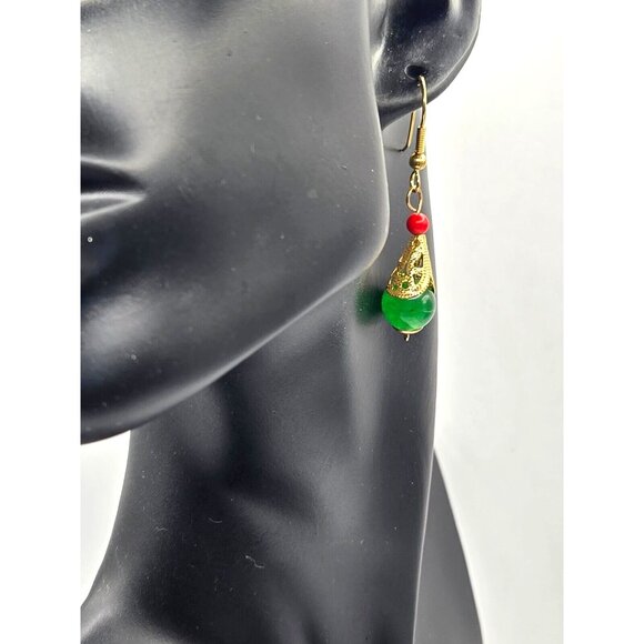 Spinach Jade Teardrop Hook earrings with Gold Filagree and Red Coral Bead 2 inch - Picture 3 of 5